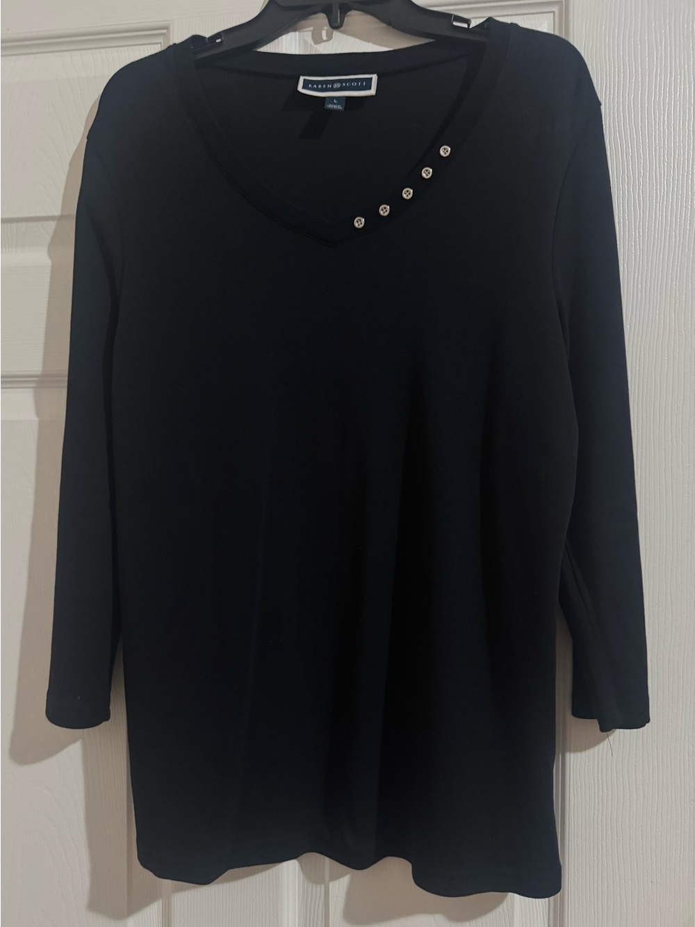 Karen Scott Black V-Neck Top with Decorative Buttons